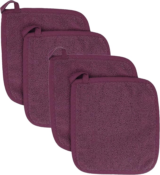 RITZ Terry Potholder & Hot Pad: Unparalleled Heat Resistant, Durable 100% Cotton – Ergonomically Designed for Optimal Grip – Easy-Care Machine Washable – 4-Pack, Beet