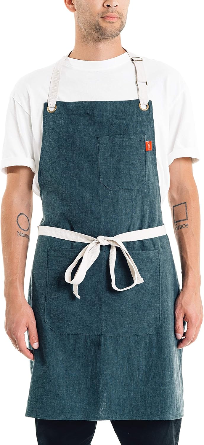 Caldo Linen Kitchen Apron - Mens and Womens Linen Bib Apron - Adjustable with Pockets (Spruce)