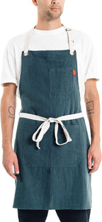 Caldo Linen Kitchen Apron - Mens and Womens Linen Bib Apron - Adjustable with Pockets (Spruce)