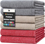 Homaxy Premium Kitchen Towels(18”x 28”, 6 Pack), Large Cotton Kitchen Hand Towels, Flat and Terry Dish Towels, 380 GSM Highly Absorbent Tea Towel Set with Hanging Loop, Red/Grey/Khaki