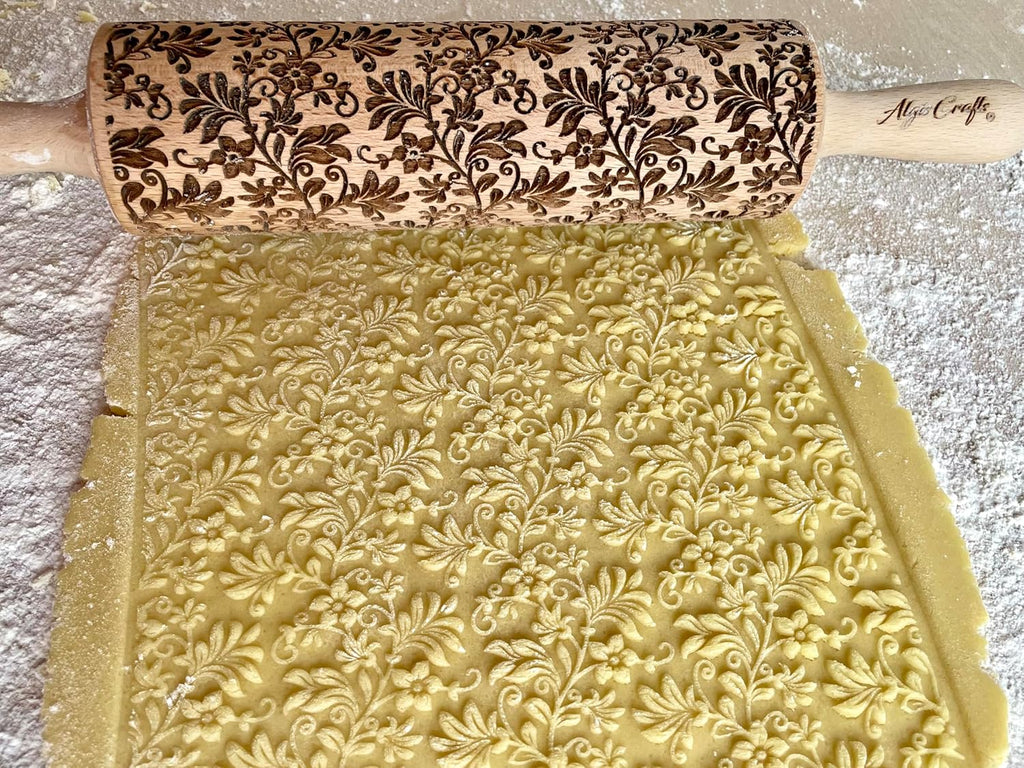 FLORAL WREATH Embossing Rolling Pin with Flowers Pattern. Dough and Clay Roller for Embossed Cookies and Pottery. Cookie and Ceramic Stamp. Backing Gifts for Women by Algis Crafts