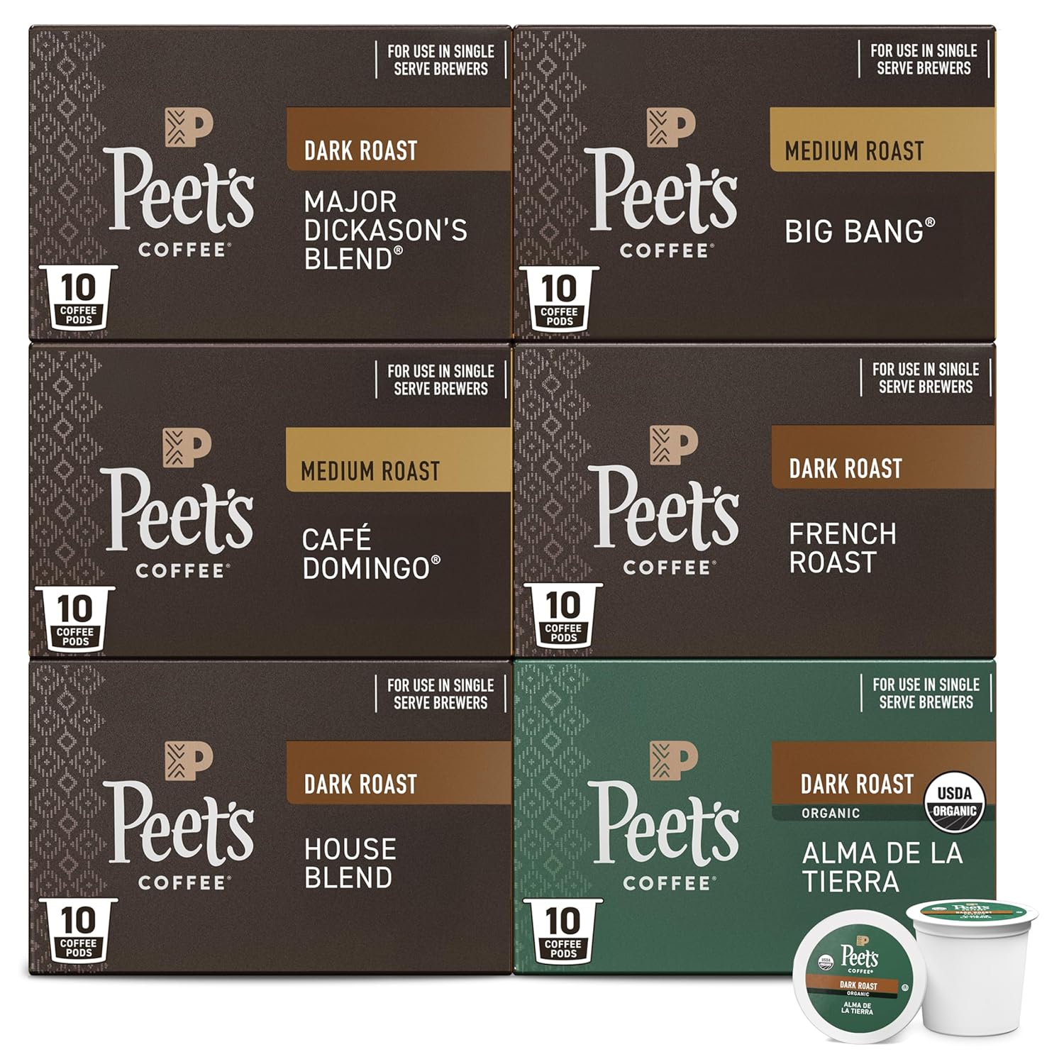 Peet's Coffee, Single Serve Coffee Pods Variety Pack - Major Dickason's Blend, Big Bang, French Roast, Café Domingo, Organic Alma De La Tierra, House Blend, 60 Count (6 Boxes of 10 Pods)