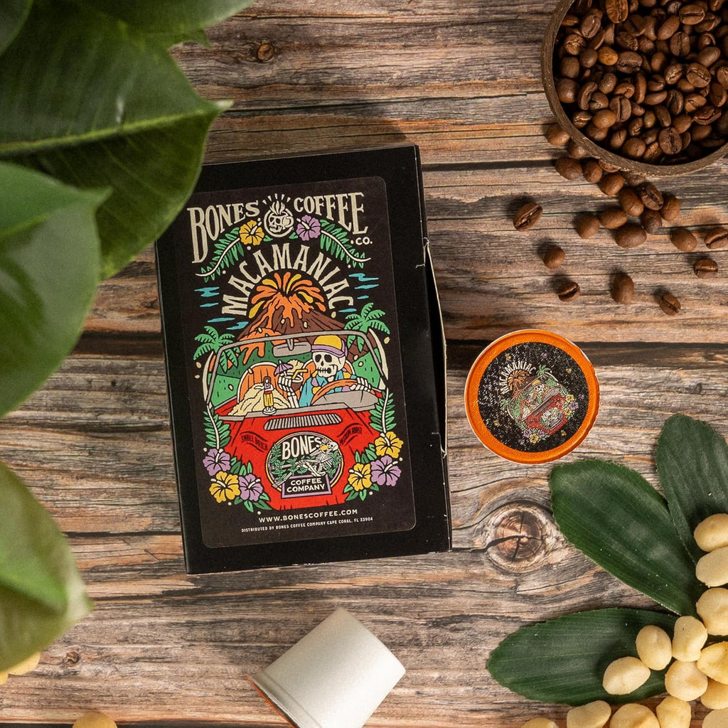 Bones Coffee Company Flavored Coffee Bones Cups Macamaniac Flavored Pods | 12ct Single-Serve Coffee Pods Compatible with Keurig 1.0 & 2.0 Keurig Coffee Maker