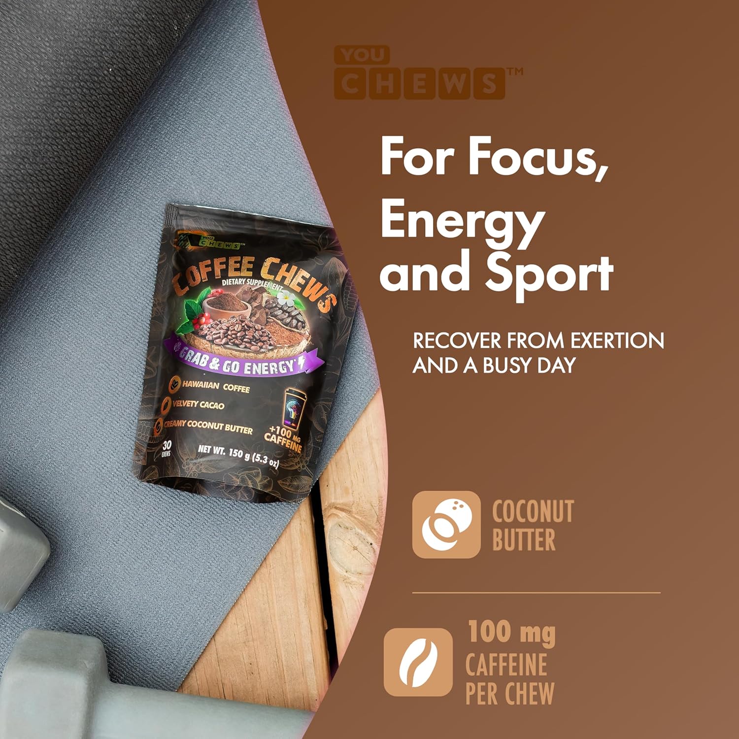 Coffee Chews - Grab & Go Energy with 100mg per Chew of Clean, Green Caffeine. with Real Organic Ingredients, Low Sugar, Great Bold Taste & Long Lasting Energy Boost (Pack of 2)