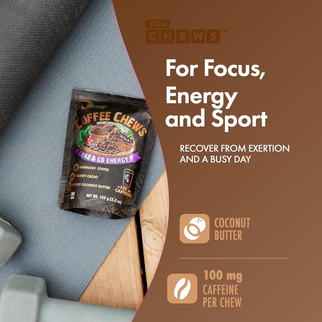 YouChews Coffee Chews - Grab & Go Energy with 100mg per Chew of Clean, Green Caffeine. With Real Organic Ingredients, Low Sugar, Great Bold Taste & Long Lasting Energy Boost (30 Chews Pack)
