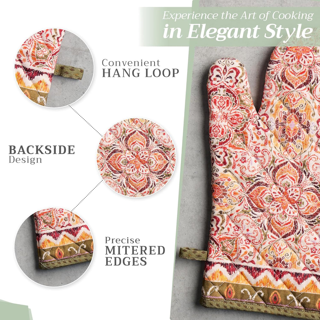 Maison d' Hermine Oven Gloves 100% Cotton Oven Mitt 7" x 13" with Loop Heat Resistant, BBQ, Cooking Gloves, Baking, Grilling, Kitchen, Handling Hot Pans (Pack of 1, Damask)