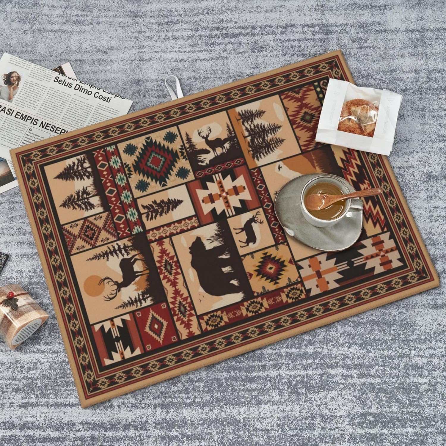 Western Wildlife Geometric Dish Drying Mat for Kitchen Counter, Absorbent Microfiber Washable Drying Pad for Dishes, Absorption, Foldable, Decorative Rustic Kitchen Mat for Sink, Home Decor, 18" x 24"