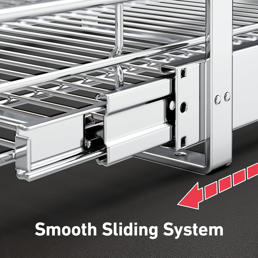 Pull Out Cabinet Organizer(11" W x 21" D), 2 Tier Wire Basket Slide Out Shelf Storage with Wood Handle, Pull Shelf Drawers for 12-1/4” Cabinet Opening, Chrome