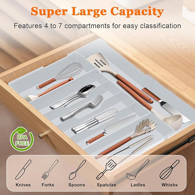 Expandable Large Silverware Organizer - BPA-Free Food-Safe Kitchen Utensil Drawer Organizer, Adjustable 4-7 Deeper Slots Cutlery Tray for Forks Knives, Kitchen Organizers and Storage Solution
