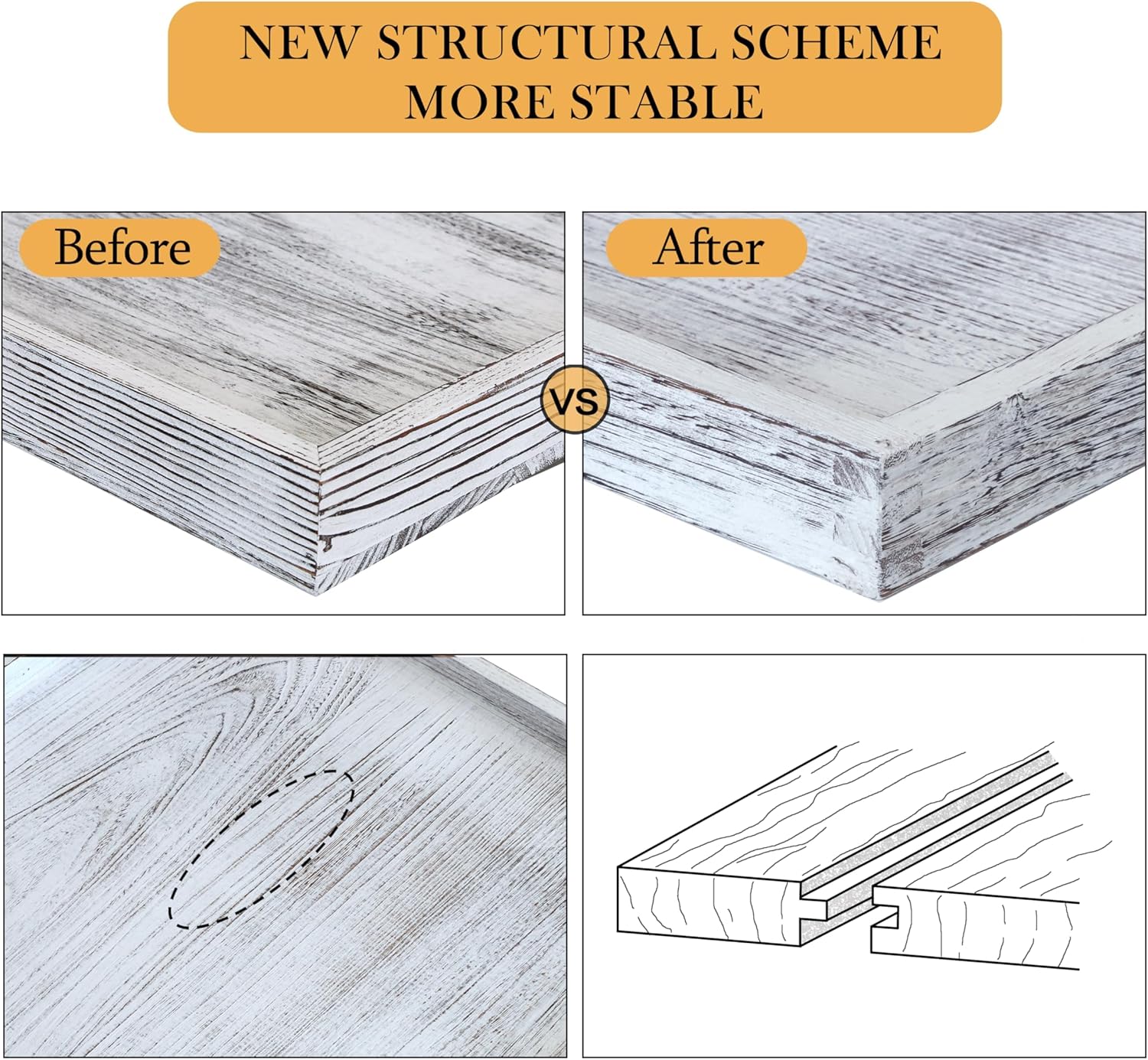 Extra Large Square Ottoman Table Tray 24" - Rustic Wooden Serving Tray for Farmhouse Decorative Oversized Coffee Table Trays Living Room Kitchen Counter Breakfast Whitewash