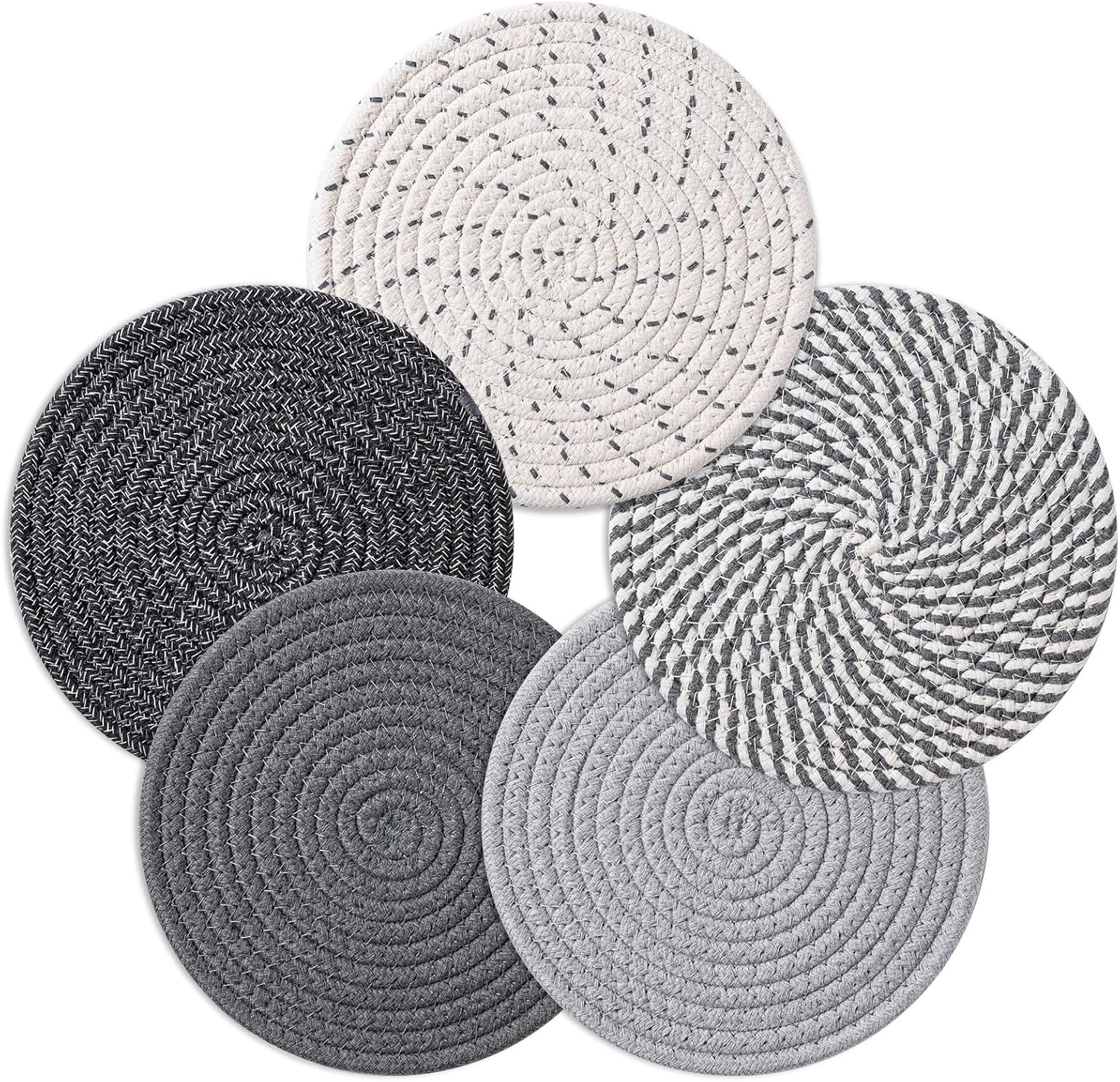 7 Inch Trivets for Hot Dishes, Pots and Pans, 5 Heat Resistant Pot Holders for Kitchen, Home Essentials, Hot Pads for Countertop and Table, Farmhouse Decor Vase Mats, Gray