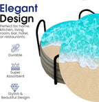Ocean Coastal Theme Round Coasters Set of 6 - Abosrbent Ceramic Coasters with Metal Stand for Drinks, Beer, Coffee, Non-Slip Cork Back for Tabletop Protection, 4 Inches (Sand)