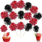 Ephlyn 30Pcs Foil Firework Cupcake Toppers Party Birthday Cake Toppers Supplies Sparkle Tinsel Cocktail Fruit Toothpick for Birthday Wedding Graduation Party Supplies Black Red