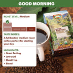 Low Acid Organic Coffee – Whole Bean, Mold-Free & Stomach Friendly by Java Planet, Good Morning Blend Coffee, Medium Roast, Smooth Full Flavored, 5LB Bag