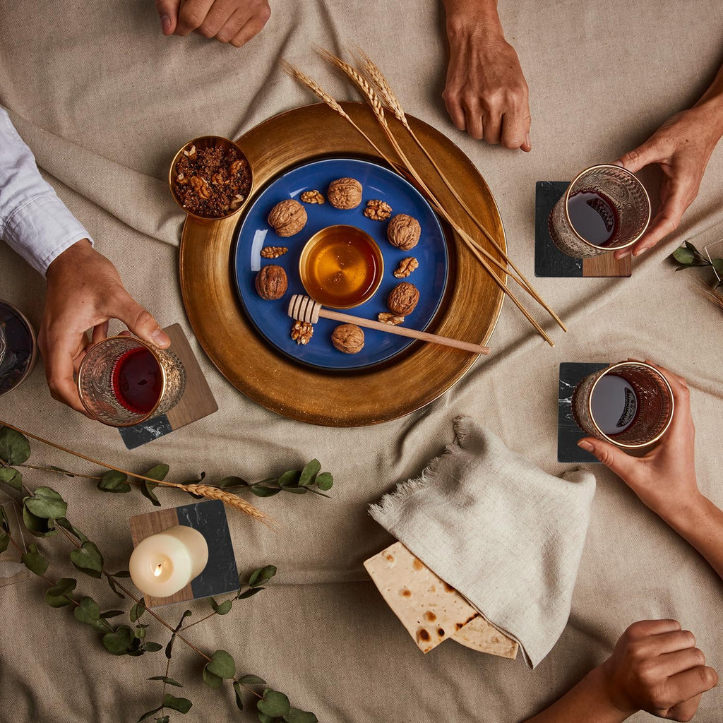 Marble Coasters: 4-Piece Set of Acacia Wood Marble Coasters, Suitable for Kitchens, Offices, and can be Used as Gifts (Black Square)