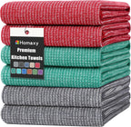 Homaxy Premium Kitchen Towels(18”x 28”, 6 Pack), Large Cotton Kitchen Hand Towels, Flat and Terry Dish Towels, 380 GSM Highly Absorbent Tea Towel Set with Hanging Loop, Grey/Red/Green