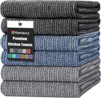 Homaxy Premium Kitchen Towels(18”x 28”, 6 Pack), Large Cotton Kitchen Hand Towels, Flat and Terry Dish Towels, 380 GSM Highly Absorbent Tea Towel Set with Hanging Loop, Navy Blue/Grey/Black