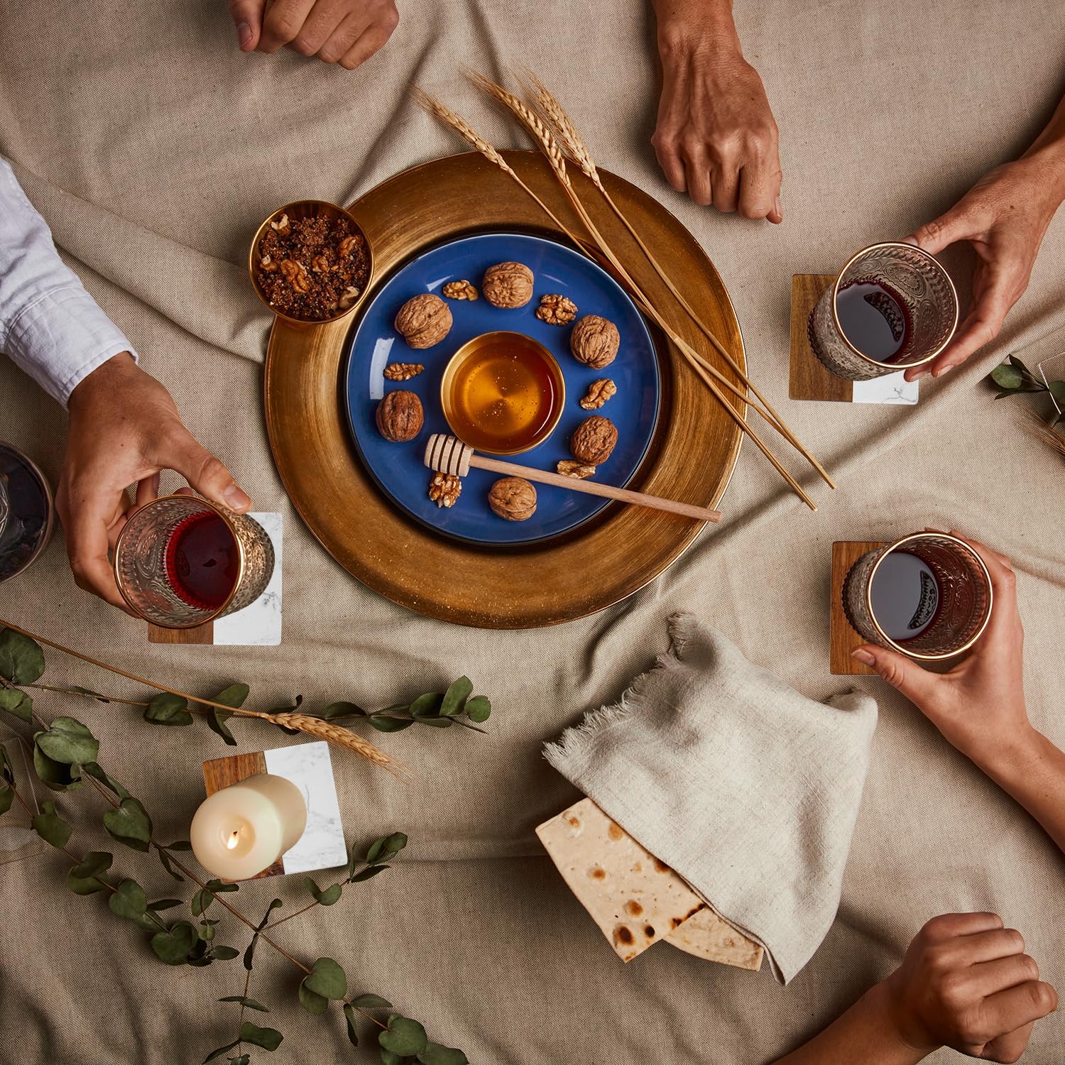 Marble Coasters: 4-Piece Set of Acacia Wood Marble Coasters, Suitable for Kitchens, Offices, and can be Used as Gifts