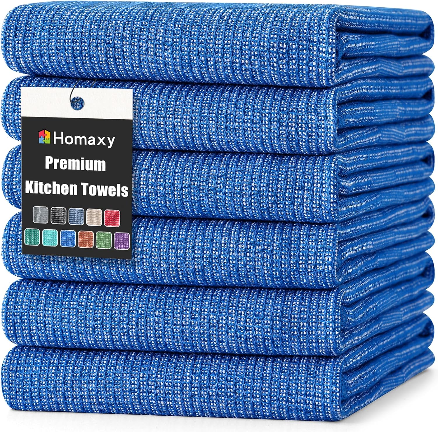Homaxy Premium Kitchen Towels(18”x 28”, 6 Pack), Large Cotton Kitchen Hand Towels, Flat and Terry Dish Towels, 380 GSM Highly Absorbent Tea Towel Set with Hanging Loop, Blueberry