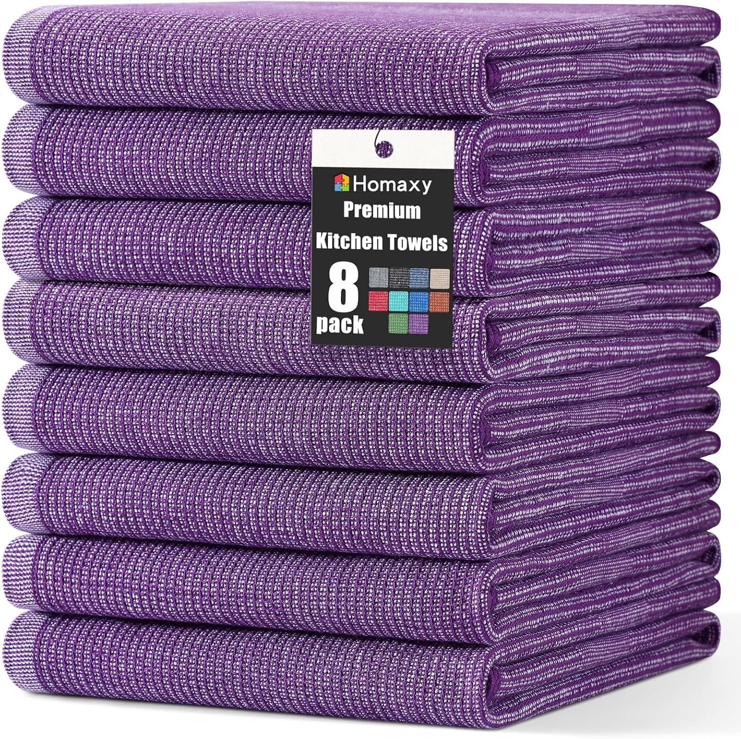 Homaxy Premium Kitchen Towels(18”x 28”, 8 Pack), Large Cotton Kitchen Hand Towels, Flat and Terry Dish Towels, 380 GSM Highly Absorbent Tea Towel Set with Hanging Loop, Purple