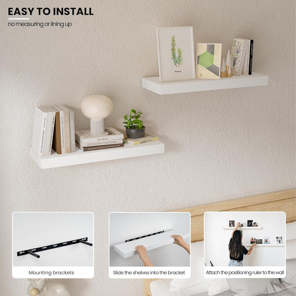 Vivelove Wooden Floating Shelves for Wall 16” x 8”x 1.4”, Bathroom Shelf Over The Toilet with Invisible Brackets, Unfinished Wall Shelves for LivingRoom, Kitchen, Bedroom, Home Decor, Set of 2 - White