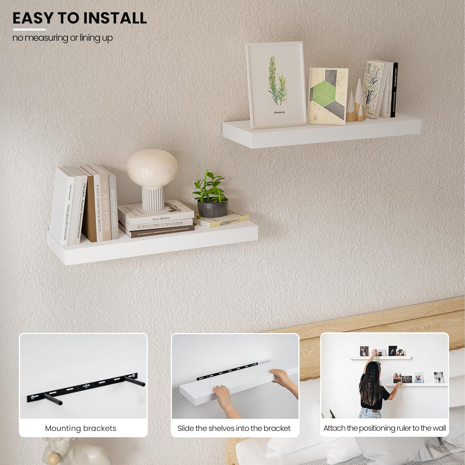 Vivelove Wooden Floating Shelves for Wall 16” x 8”x 1.4”, Bathroom Shelf Over The Toilet with Invisible Brackets, Unfinished Wall Shelves for LivingRoom, Kitchen, Bedroom, Home Decor, Set of 2 - White