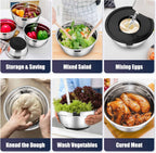 E-far Stainless Steel Mixing Bowls with Lids Set, 5-Piece Nesting Salad Bowls with 3 Grater Attachments and Non-Slip Bottoms, Size 4.6, 2.6, 2, 1.5, 1QT for Kitchen (Black)