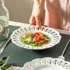 fMBB Round Appetizer Plate with Scalloped Edge Lace Rim, Set of 4, White 8 inch Ceramic Dessert Plates, Small for Cake Snack Side Dish, Microwave and Dishwasher Safe