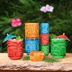 Final Touch Tiki Glasses Set of 4 - Kanaloa, Lono, Kū, Kāne Designs, 12 oz (355 ml), Multicolored, Stackable Totem Pole Storage, Durable Glassware for Tropical Cocktails (TK5302)