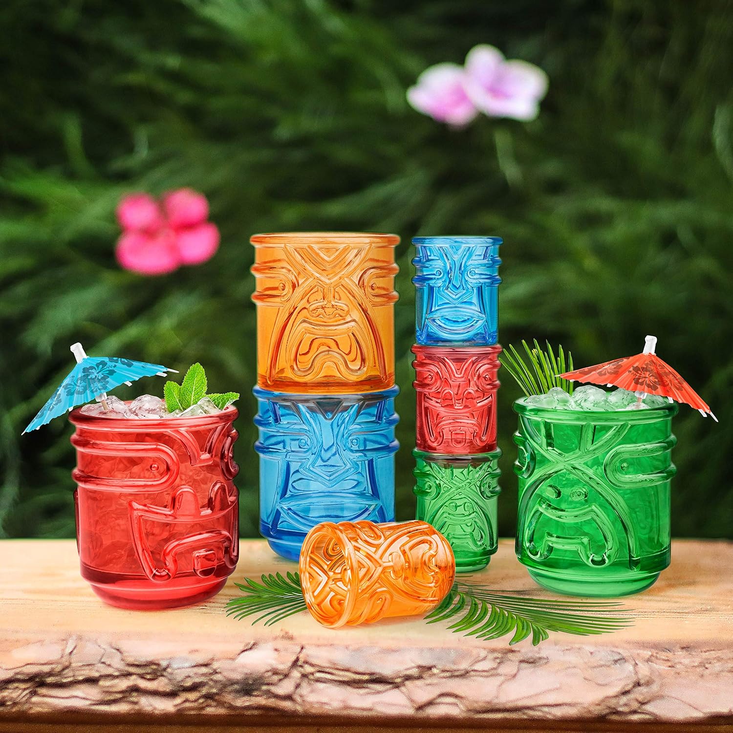 Final Touch Tiki Glasses Set of 4 - Kanaloa, Lono, Kū, Kāne Designs, 12 oz (355 ml), Multicolored, Stackable Totem Pole Storage, Durable Glassware for Tropical Cocktails (TK5302)