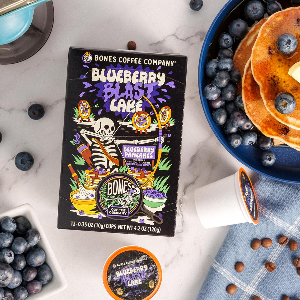 Bones Coffee Company Blueberry Blast Cake, Blueberry Pancake Flavored Coffee Pods, Low Acid Medium Roast Single-Serve Bones Cups, For 1.0 & 2.0 K-Cups Brewers Coffee Maker, 12 Count