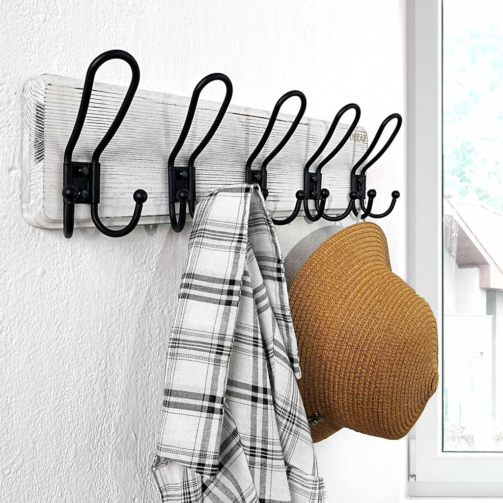 Dseap Coat Rack Wall Mounted - Heavy Duty Farmhouse Rustic Wall Coat Hanger with 5 Wire Hooks for Clothes Hat Jacket Towel, RusticWire, J1-5A, Whitewash & Black