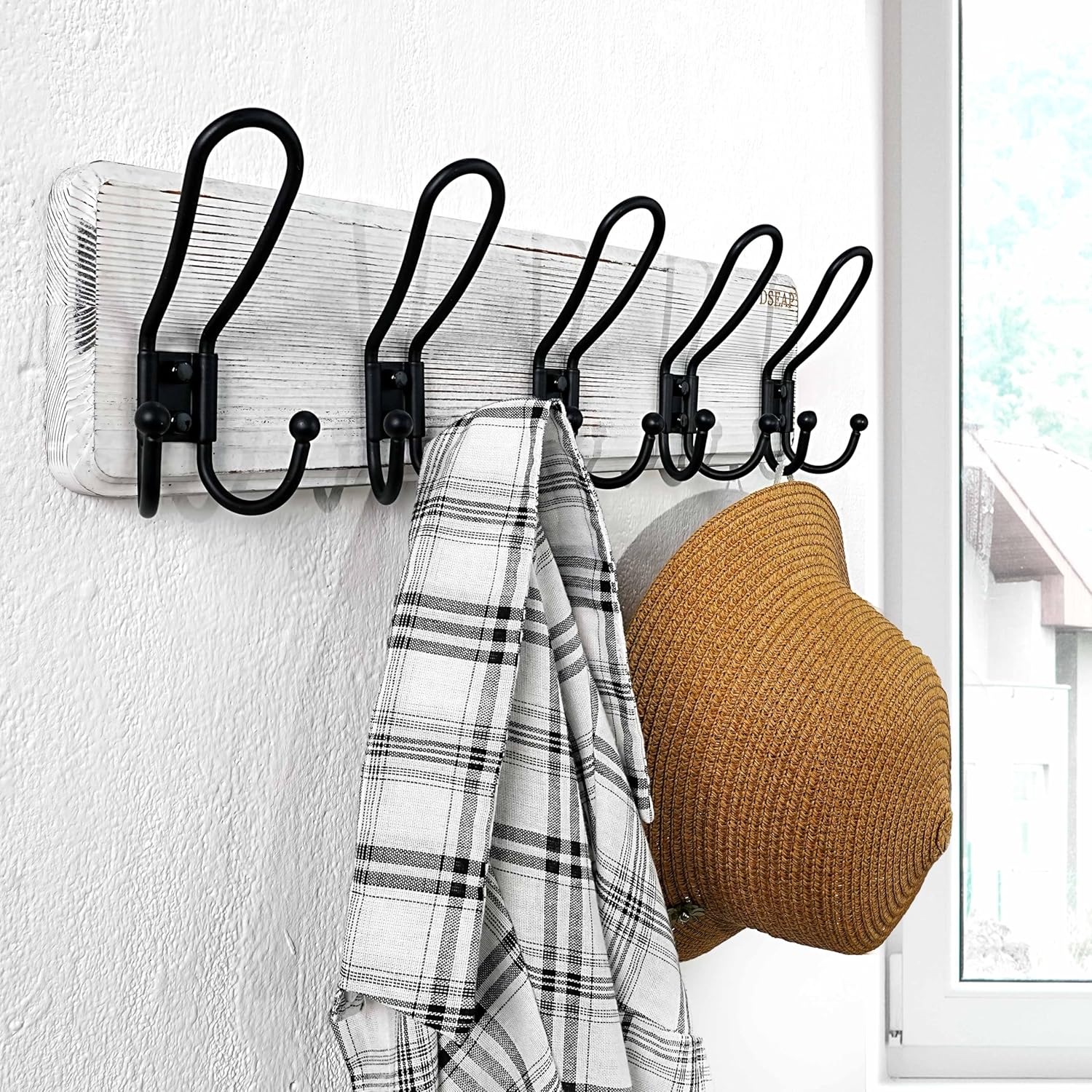 Dseap Coat Rack Wall Mounted - Heavy Duty Farmhouse Rustic Wall Coat Hanger with 5 Wire Hooks for Clothes Hat Jacket Towel, RusticWire, J1-5A, Whitewash & Black