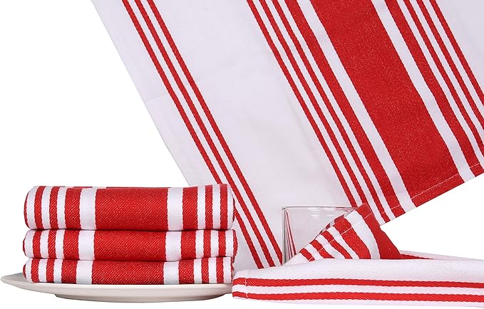 Urban Villa Kitchen Towels 100% Cotton Dish Towels for Kitchen (Set of 6) 20”x30” Dish Cloths Highly Absorbent Kitchen Linen Set with Hanging Loop Perfect for Drying Dishes Cleaning Towels-Red White