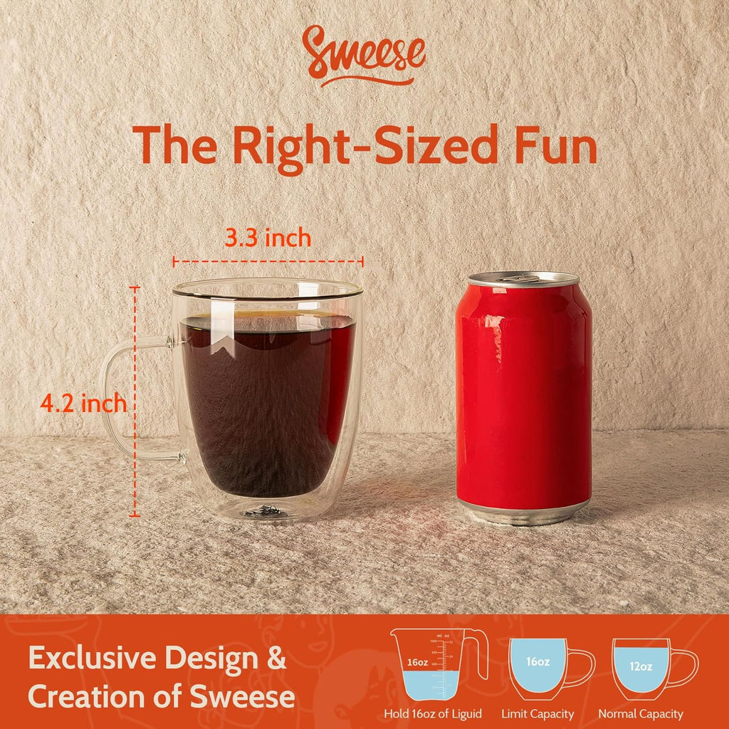 Sweese 12.5 oz Double Wall Glass Coffee Mugs Set of 2 - Insulated for Espresso, Latte, Tea Beverages