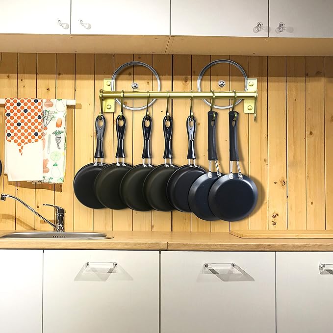 Dseap Kitchen Utensil Holder Hanger, Pot and Pan Rack Wall Mounted, Kitchen Rail with 8 Hooks for Hanging Cooking Utensils, Mugs, Spoons, Wall Mounted,Champagne Color, Pack of 2