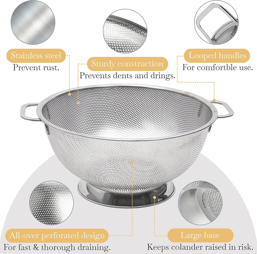 Bellemain Colander for Kitchen – 5 Qt Stainless Steel Strainer with Handle - 18/8 Pasta Strainer Bowl for Pasta, Spaghetti, Vegetables, Fruit, and Pot Draining - Stainless Steel Colander