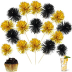 Ephlyn 30Pcs Foil Firework Cupcake Toppers Sparkle Tinsel Cupcake Picks Happy Birthday Cake Decorations Drink Stirrers Cocktail Food Toothpicks for Baby Shower Graduation Party Supplies Black Gold
