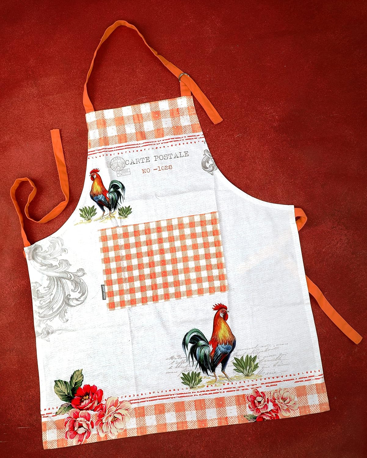 AMOUR INFINI Cotton Aprons for Women with Pocket, Adjustable Strap & Waist Ties - Washable Aprons for Baking, Cooking, Gardening (27.5 x 33 Inches - Farm Rooster)