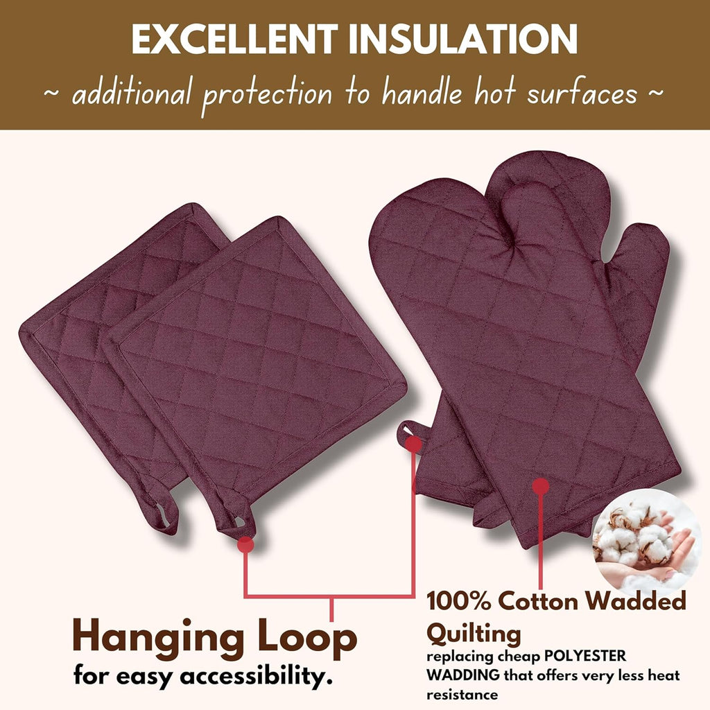 Native Fab 4 Piece Set - 2 Oven Mitts & 2 Potholders, Heat Resistant, 100% Cotton, Quilted Design, Non-Slip Grip, Machine Washable, Ideal for Baking, Cooking, BBQ, Kitchen Protection - Burgundy Wine