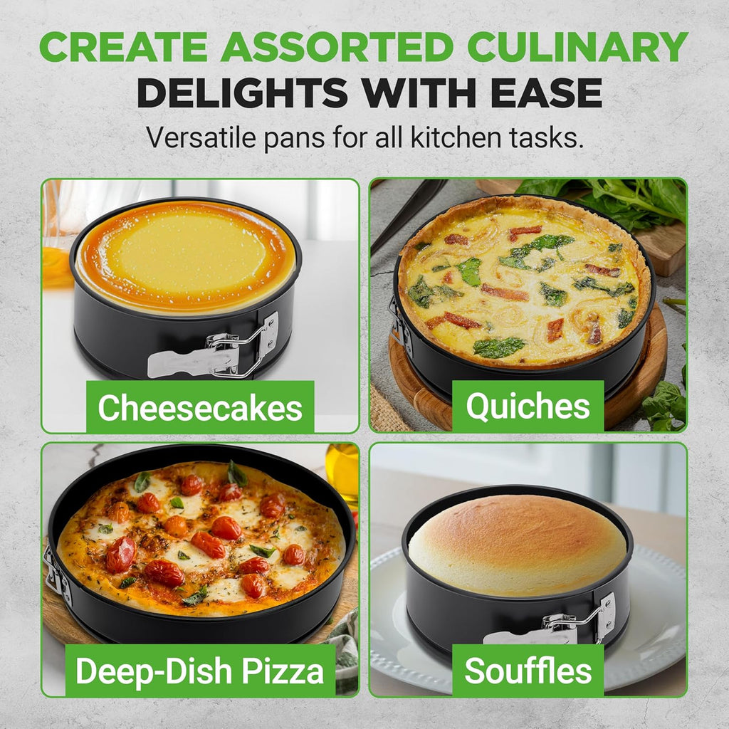 NutriChef 3-Piece Nonstick Springform Pan Set - Premium Carbon Steel Cheesecake Pans with Stainless Steel Clasp - 6", 8", 10" Sizes, Oven Safe up to 450°F - Includes 300pcs Parchment Paper (Black)