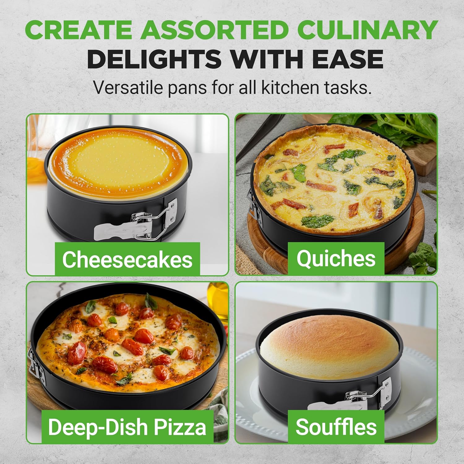 NutriChef 3-Piece Nonstick Springform Pan Set - Premium Carbon Steel Cheesecake Pans with Stainless Steel Clasp - 6", 8", 10" Sizes, Oven Safe up to 450°F - Includes 300pcs Parchment Paper (Black)