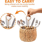 KOLWOVEN Wicker Flatware Organizer, Kitchen Utensil Holder for Countertop, Silverware Caddy Natural Woven Flatware Caddy with 3 Compartments, Cooking Utensil Organizer