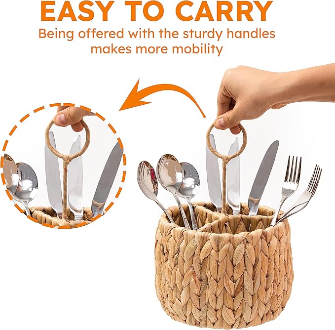 KOLWOVEN Wicker Flatware Organizer, Kitchen Utensil Holder for Countertop, Silverware Caddy Natural Woven Flatware Caddy with 3 Compartments, Cooking Utensil Organizer