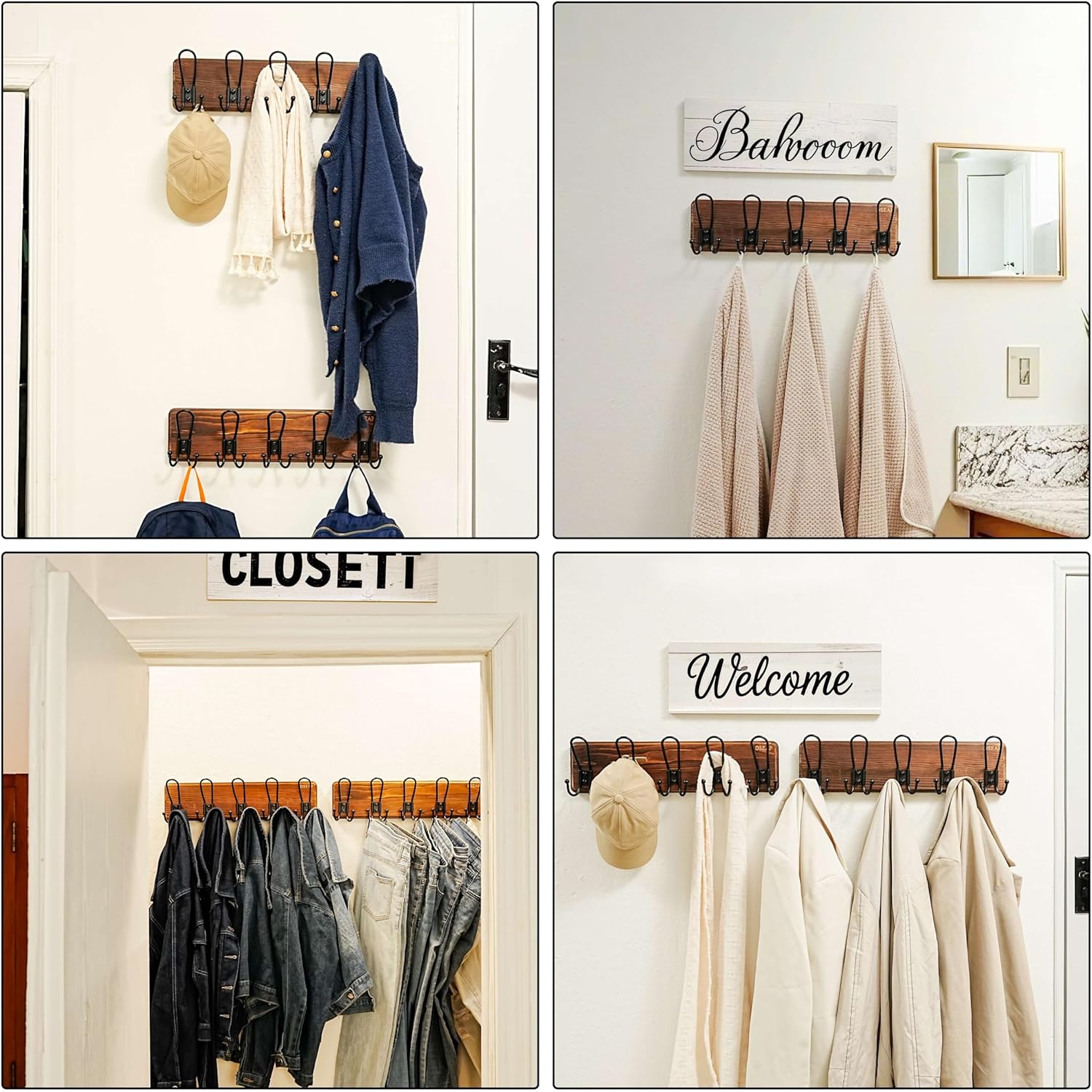 Dseap Coat Rack Wall Mounted - Heavy Duty Farmhouse Rustic Wall Coat Hanger with 5 Wire Hooks for Clothes Hat Jacket Towel, RusticWire, J1-5A, Black, Pack of 2