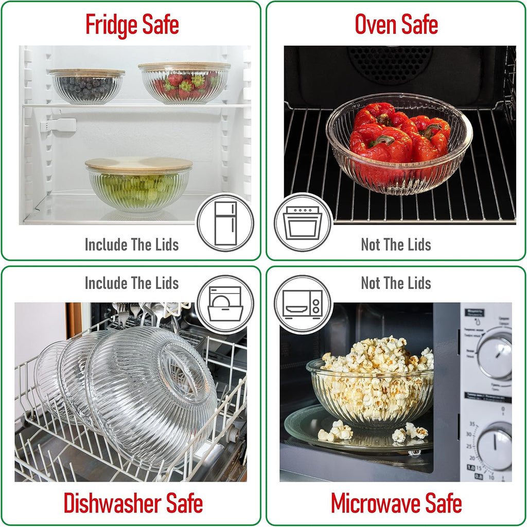 Stackable Space-Saving Nesting Set of 3 Glass Bowls with Bamboo Lids for Foodprep, Storage, Mixing & Cooking - Microwave & Oven Safe BPA Free Durable Heat Resistant Inert Borosilicate Glass