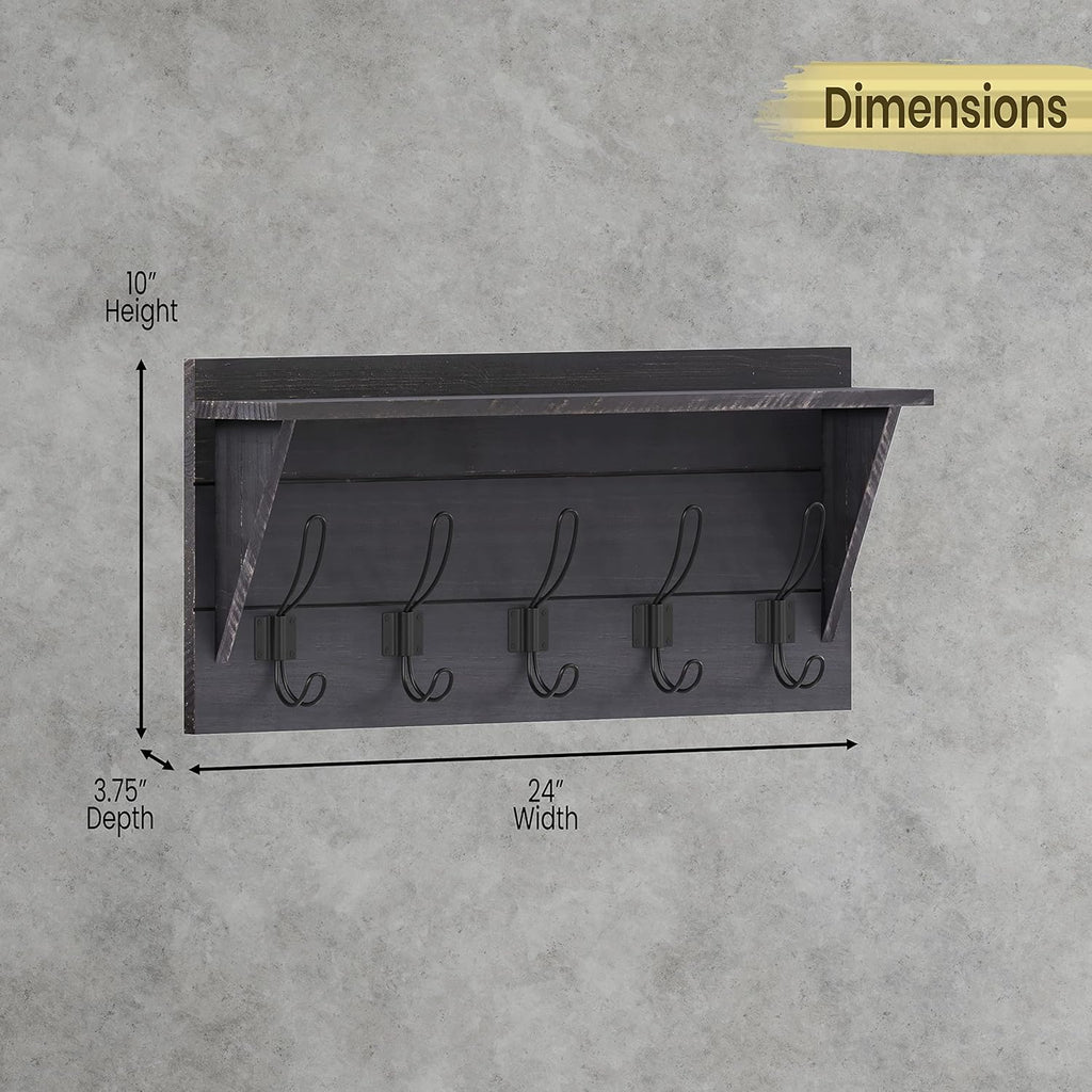 HBCY Creations 24" Wall Mounted Storage Rack - Pine Wood Construction - Black Wash - Upper Storage Shelf - 5 Hooks - Ideal for Entryway, Kitchen, Bathroom