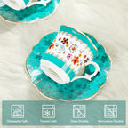 fanquare 2.5 Ounce Vintage Espresso Cups Set of 6, 12 Pieces Ceramic Demitasse Cup and Saucers, Green and Flower Pattern Espresso Mugs for Coffee Bar Home