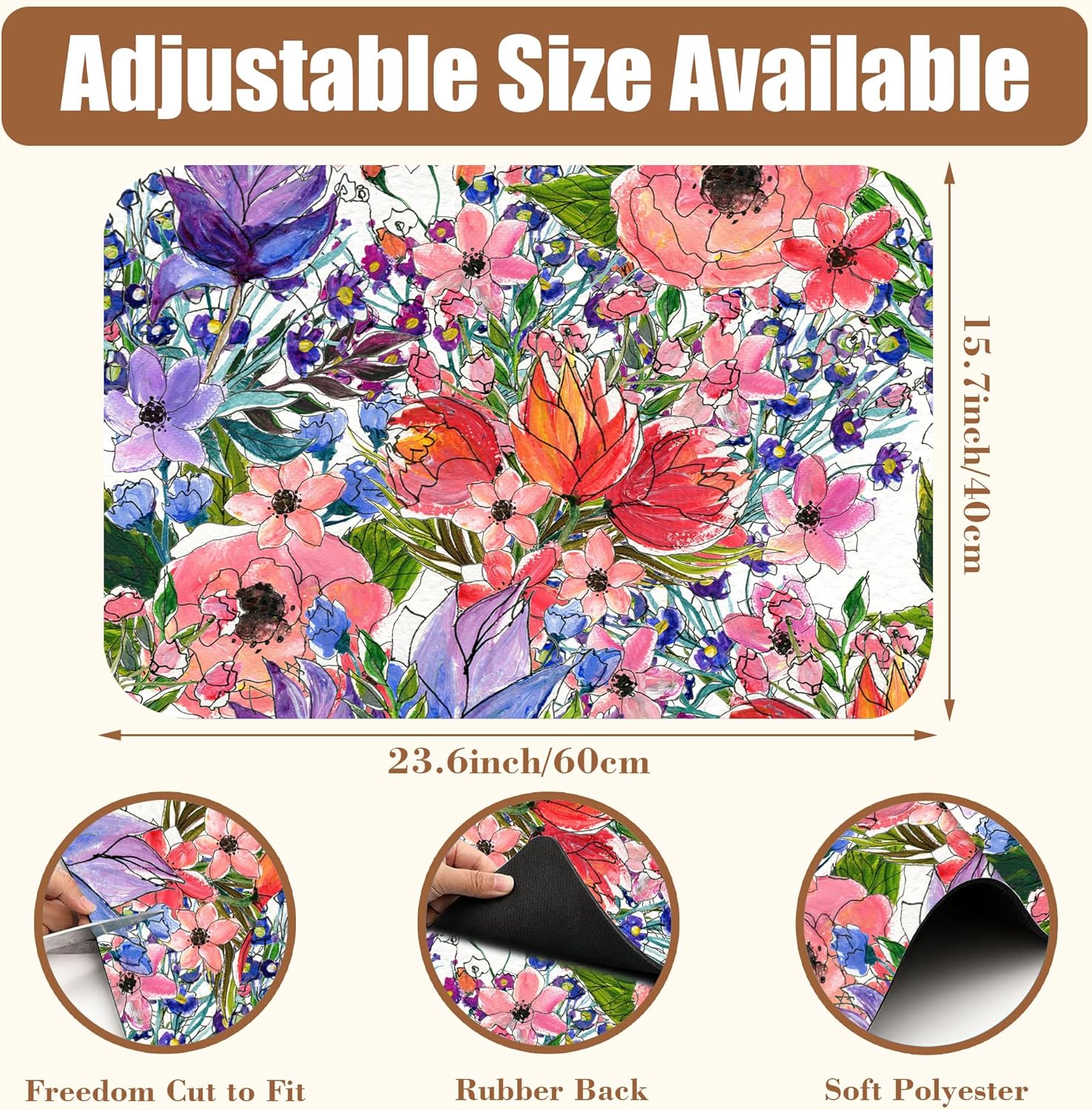 Dish Drying Mat Watercolor Colorful Floral Coffee Bar Mat for Countertop Absorbent Rubber Backed Hide Stain Dish Drainer Rack Pad Coffee Maker Espresso Machine Dining Room Decor 15.7 x 23.6 Inch