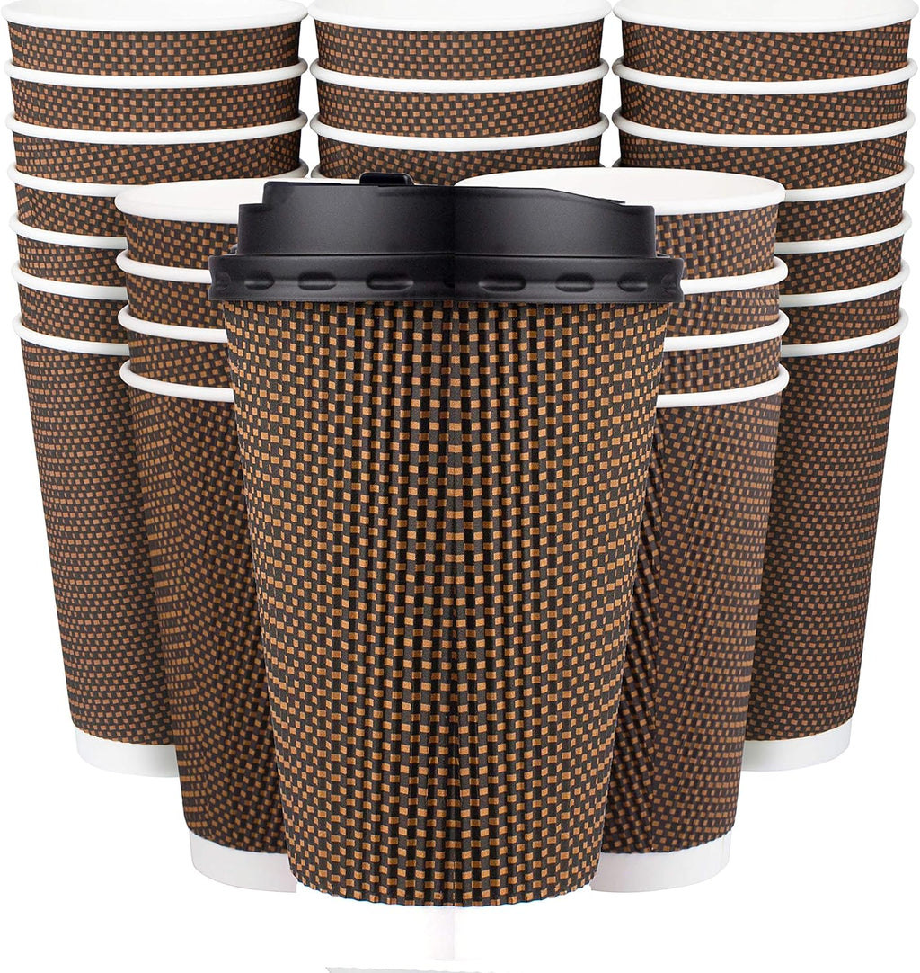 Promora Brown Disposable Coffee Cups With Lids 16 oz, Premium Insulated Paper Ripple Cups for Hot Coffee (80 Pack)